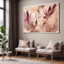 Quadro com Moldura e Acrilico Cristal Vidro Sala Quarto Abstrato Floral Folhas Dourada Rosa Decorativo Horizontal Grande