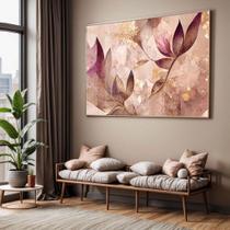 Quadro com Moldura e Acrilico Cristal Vidro Sala Quarto Abstrato Floral Folhas Dourada Rosa Decorativo Horizontal Grande