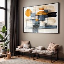 Quadro com Moldura e Acrilico Cristal Vidro Sala Quarto Abstrato Laranja e Azul Ilustração bege Decorativo Horizontal G