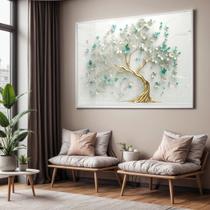 Quadro com Moldura e Acrilico Cristal Vidro Sala Quarto Arvore Azul Verde Arte Decorativo Horizontal Grande Hall