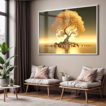 Quadro com Moldura e Acrilico Cristal Vidro Sala Quarto Arvore Dourada Decorativo Horizontal Grande Hall