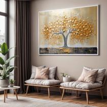 Quadro com Moldura e Acrilico Cristal Vidro Sala Quarto Arvore Dourada Pintura Decorativo Horizontal Grande Hall