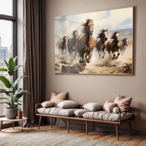 Quadro com Moldura e Acrilico Cristal Vidro Sala Quarto Cavalos Correndo Cavalo Luxo Decorativo Horizontal Grande Hall