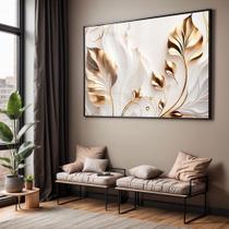 Quadro com Moldura e Acrilico Cristal Vidro Sala Quarto Dourado Flores Branca Floral Arte Decorativo Horizontal Grande