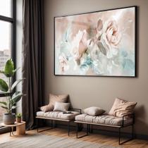 Quadro com Moldura e Acrilico Cristal Vidro Sala Quarto Floral Rosa Cores Floral Abstrato Decorativo Horizontal Grande