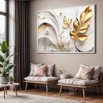 Quadro com Moldura e Acrilico Cristal Vidro Sala Quarto Folhas Douradas Abstrato Arte Decorativo Horizontal Grande Hall
