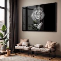 Quadro com Moldura e Acrilico Cristal Vidro Sala Quarto Leão Preto e Branco Decorativo Horizontal Grande Hall Quadro com Moldura e Acrilico Cristal Vidro Sala Quarto Leão Preto e Branco Decorativo Horizontal Grande Hall