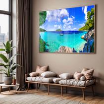 Quadro com Moldura e Acrilico Cristal Vidro Sala Quarto Mar Azul Barco Paisagem Decorativo Horizontal Grande Hall