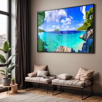 Quadro com Moldura e Acrilico Cristal Vidro Sala Quarto Mar Azul Barco Paisagem Decorativo Horizontal Grande Hall