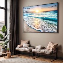 Quadro com Moldura e Acrilico Cristal Vidro Sala Quarto Ondas Praia Mar Por do Sol Paisagem Decorativo Horizontal Grand