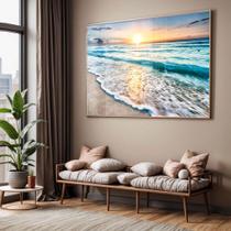 Quadro com Moldura e Acrilico Cristal Vidro Sala Quarto Ondas Praia Mar Por do Sol Paisagem Decorativo Horizontal Grand