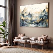 Quadro com Moldura e Acrilico Cristal Vidro Sala Quarto Paisagem Abstrato Montanhas Azul Bege Decorativo Horizontal Gr