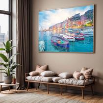 Quadro com Moldura e Acrilico Cristal Vidro Sala Quarto Paisagem Barco Italia Mar Decorativo Horizontal Grande Hall
