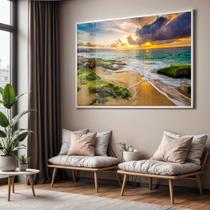 Quadro com Moldura e Acrilico Cristal Vidro Sala Quarto Paisagem Praia Por do Sol Pedras Decorativo Horizontal Grande Quadro com Moldura e Acrilico Cristal Vidro Sala Quarto Paisagem Praia Por do Sol Pedras Decorativo Horizontal Grande