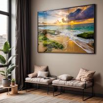 Quadro com Moldura e Acrilico Cristal Vidro Sala Quarto Paisagem Praia Por do Sol Pedras Decorativo Horizontal Grande