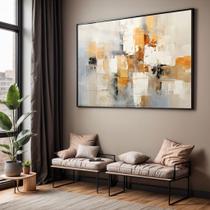 Quadro com Moldura e Acrilico Cristal Vidro Sala Quarto Pintura Arte Abstrato Bege Branco Marrom Dourado Decorativo Hor