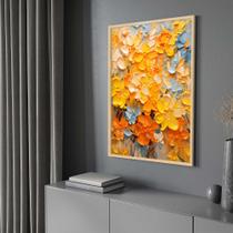 Quadro com Moldura Flores Pintadas Abstrato Amarelo Azul Claro Decorativo Grande Sala Quarto Hall