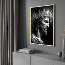 Quadro com Moldura Jesus Coroa de Espinho Preto e Branco Decorativo Grande Sala Quarto Hall