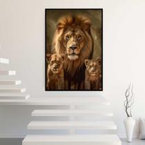 Quadro com Moldura Leão 2 Filhotes Decorativo Grande Sala Quarto Hall Escritório Cozinha Vertical