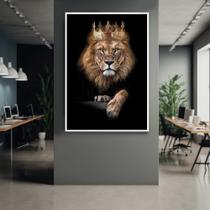 Quadro com Moldura Leão Rei Coroa Luxo Decorativo Grande Sala Quarto Hall