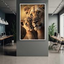 Quadro com Moldura Leoa Filhote Família Decorativo Grande Sala Quarto Hall