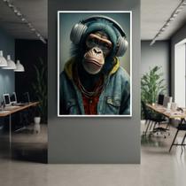 Quadro com Moldura Macaco Rapper Fone Decorativo Grande Sala Quarto Hall Escritório Cozinha Vertical