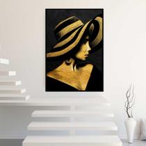 Quadro com Moldura Mulher Dourada Chapéu Decorativo Grande Sala Quarto Hall Escritório Cozinha Vertical Quadro com Moldura Mulher Dourada Chapéu Decorativo Grande Sala Quarto Hall Escritório Cozinha Vertical