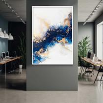 Quadro com Moldura Pintura Abstrata em Tons Azul Decorativo Grande Sala Quarto Hall Escritório Cozinha Vertical