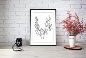 Quadro Com Moldura Ramos de Flores Ilustrado Preto e Branco Quadro Com Moldura Ramos de Flores Ilustrado Preto e Branco