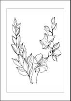 Quadro Com Moldura Ramos de Flores Ilustrado Preto e Branco