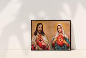 Quadro com Moldura Religioso Sagrado e Imaculado Coração Jesus e Maria