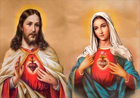 Quadro com Moldura Religioso Sagrado e Imaculado Coração Jesus e Maria