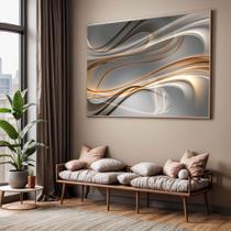 Quadro com Moldura Sala Quarto Abstrato Arte Ondas Dourado Decorativo Horizontal Grande Hall