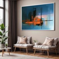 Quadro com Moldura Sala Quarto Abstrato Riscos Azul Laranja Decorativo Horizontal Grande Hall