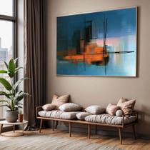 Quadro com Moldura Sala Quarto Abstrato Riscos Azul Laranja Decorativo Horizontal Grande Hall Cor:Moldura MadeiraTamanh