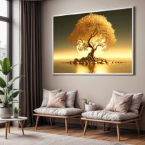 Quadro com Moldura Sala Quarto Arvore Dourada Decorativo Horizontal Grande Hall
