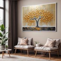 Quadro com Moldura Sala Quarto Arvore Dourada Pintura Decorativo Horizontal Grande Hall