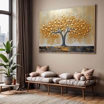 Quadro com Moldura Sala Quarto Arvore Dourada Pintura Decorativo Horizontal Grande Hall