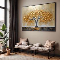 Quadro com Moldura Sala Quarto Arvore Dourada Pintura Decorativo Horizontal Grande Hall