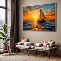 Quadro com Moldura Sala Quarto Barco Paisagem Decorativo Horizontal Grande Hall