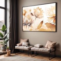 Quadro com Moldura Sala Quarto Bege Floral Decorativo Horizontal Grande Hall