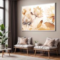Quadro com Moldura Sala Quarto Bege Floral Decorativo Horizontal Grande Hall
