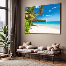 Quadro com Moldura Sala Quarto Cancum Praia Barco Decorativo Horizontal Grande Hall Cor:Moldura MadeiraTamanho:130 X 90