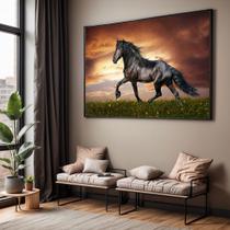 Quadro com Moldura Sala Quarto Cavalo Preto Decorativo Horizontal Grande Hall