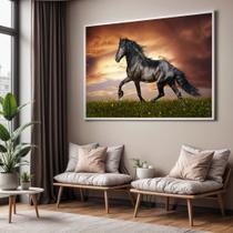 Quadro com Moldura Sala Quarto Cavalo Preto Decorativo Horizontal Grande Hall Cor:Moldura BrancaTamanho:130 X 90 X 3 cm