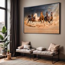Quadro com Moldura Sala Quarto Cavalos Correndo Deserto Decorativo Horizontal Grande Hall