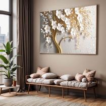 Quadro com Moldura Sala Quarto Dourado Floral Flores Branca Decorativo Horizontal Grande Hall
