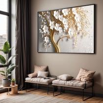 Quadro com Moldura Sala Quarto Dourado Floral Flores Branca Decorativo Horizontal Grande Hall