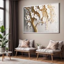 Quadro com Moldura Sala Quarto Dourado Floral Flores Branca Decorativo Horizontal Grande Hall Quadro com Moldura Sala Quarto Dourado Floral Flores Branca Decorativo Horizontal Grande Hall