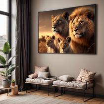 Quadro com Moldura Sala Quarto Família de Leão Leões Filhote Decorativo Horizontal Grande Hall